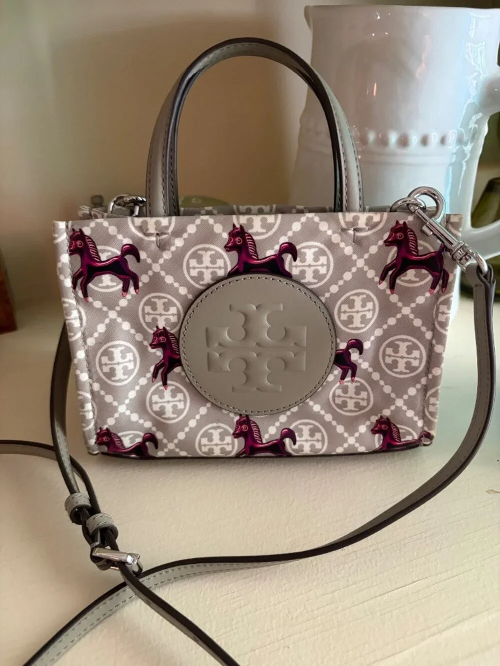 Tory Burch Mini Ella Horse Tote Crossbody Gray & Magenta